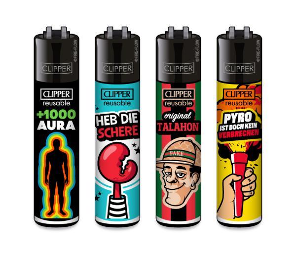 Clipper CLASSIC Large – Jugendwort #9 4er Set mit „+1000 Aura“, „Heb die Schere“, „Original Talahon“ und „Pyro ist doch kein Verbrechen“; nachfüllbar, Softflame, Stopfhilfe.